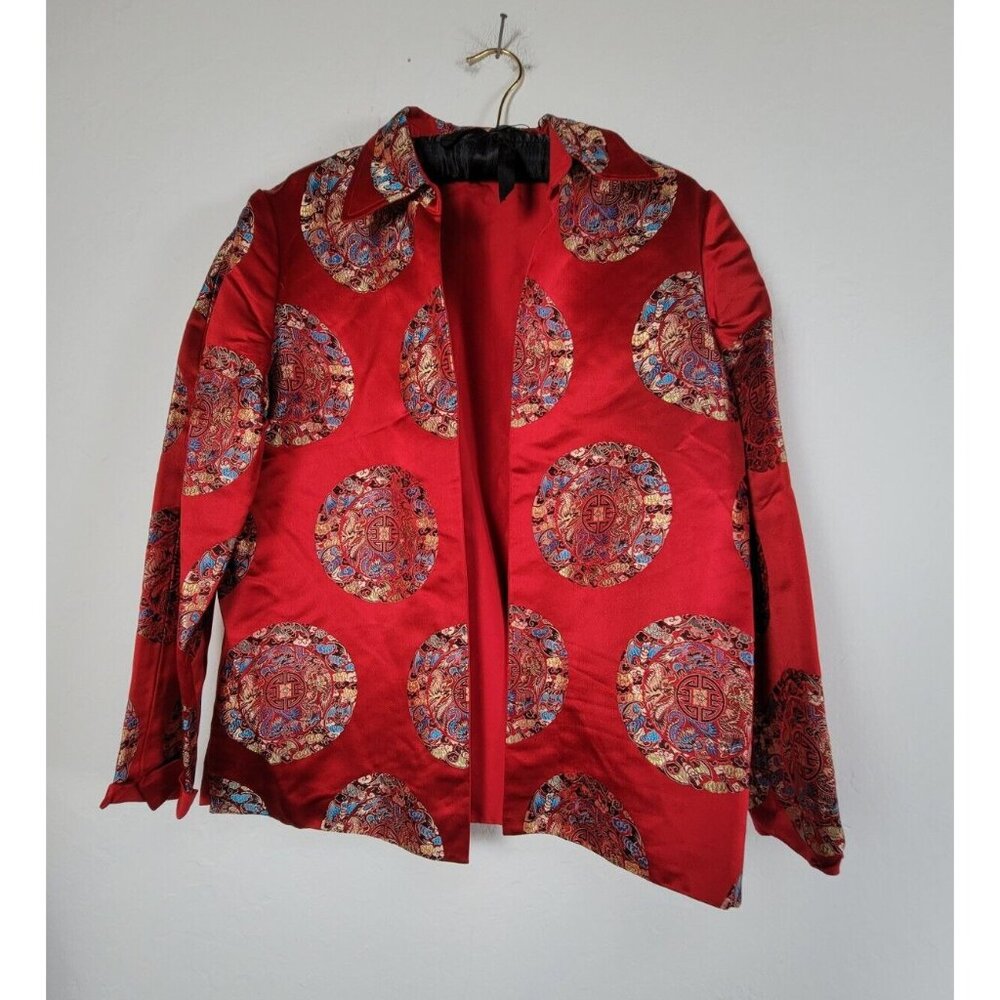 Vintage 80s Womens Asian-inspired Jacket Brocade Red Embroidered Silk/Satin